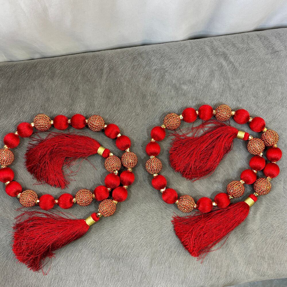 2 Fabric Beaded Garlands Red Silk Tassels Gold Tone Spacer Beads Red Rhinestones